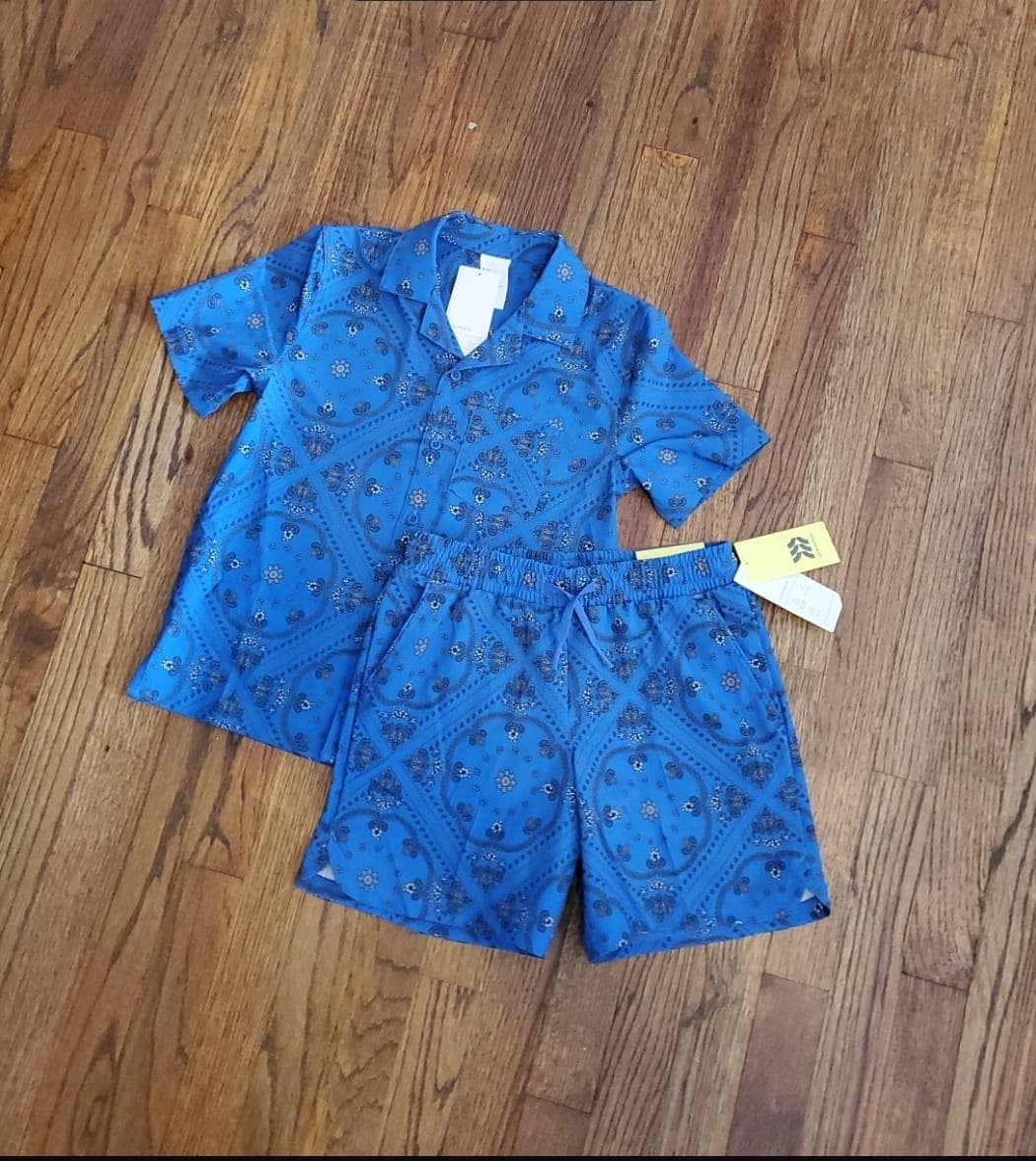 Raw Android product photo of a blue matching outfit on a wooden floor before Portrait Drop