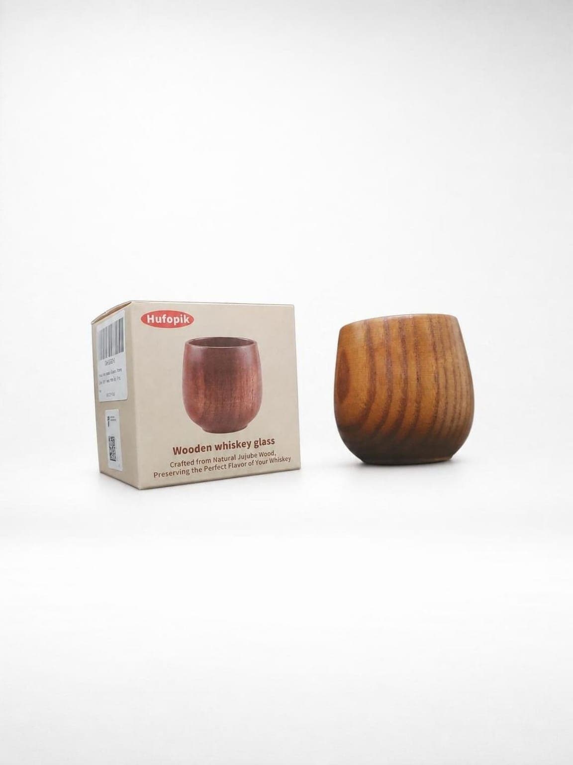 Seller-ready wooden whiskey glass product image created with Portrait Drop