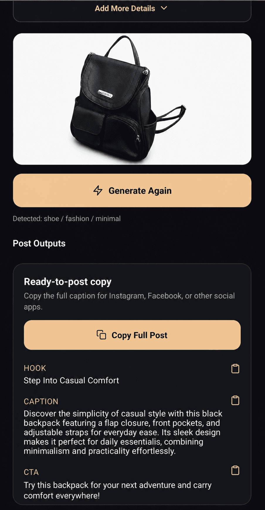 Portrait Drop Android create post screen showing ready-to-post black backpack product copy