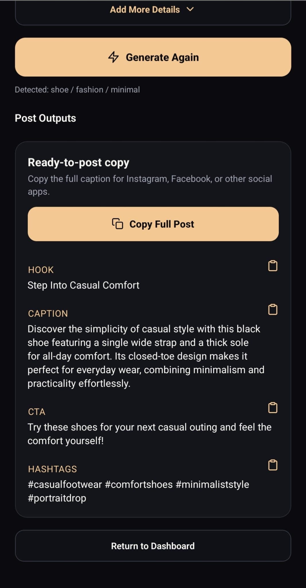 Portrait Drop Android create post screen showing ready-to-post product copy