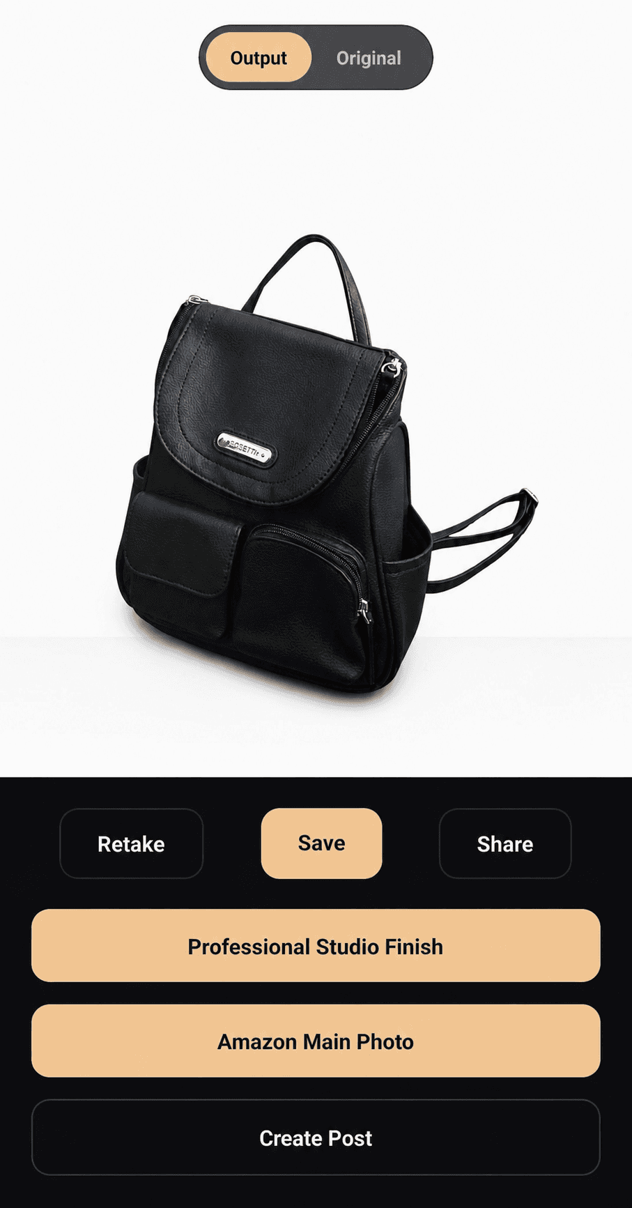 Portrait Drop Android output screen with a black backpack image, save, share, Professional Studio Finish, and Amazon Main Photo actions