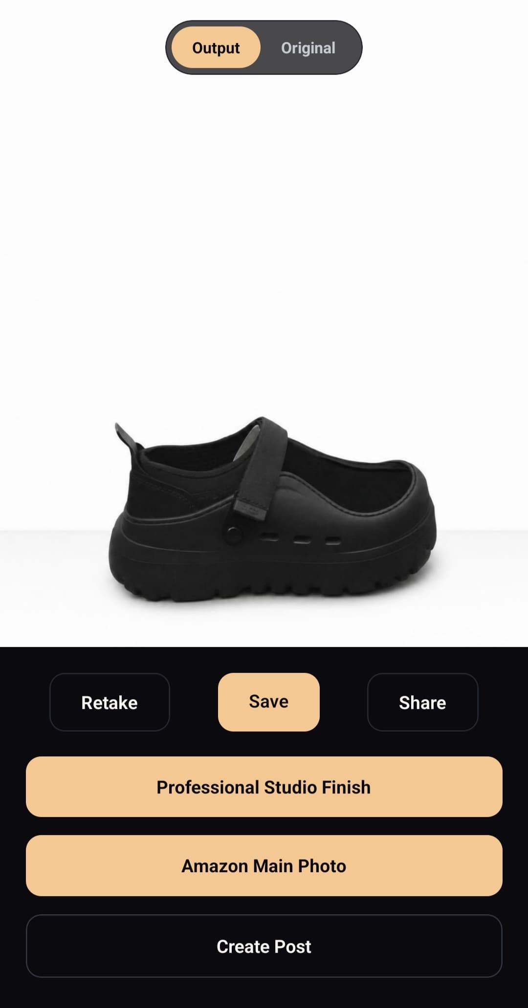 Portrait Drop Android output screen with save, share, Professional Studio Finish, and Amazon Main Photo actions