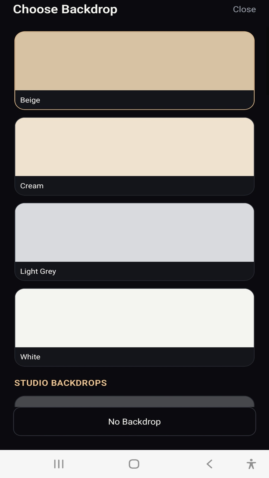 Portrait Drop backdrop selection screen