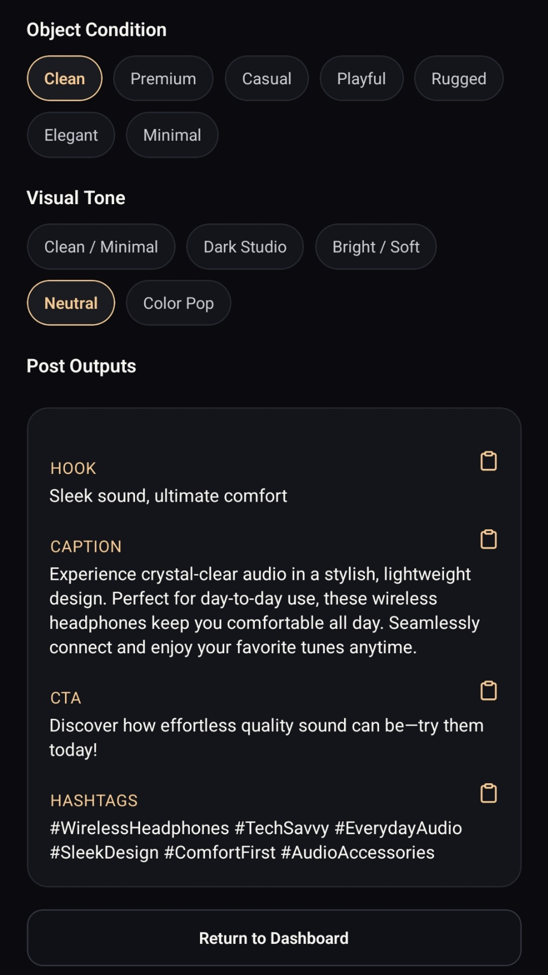 Portrait Drop AI-generated marketing copy with hooks, captions and hashtags